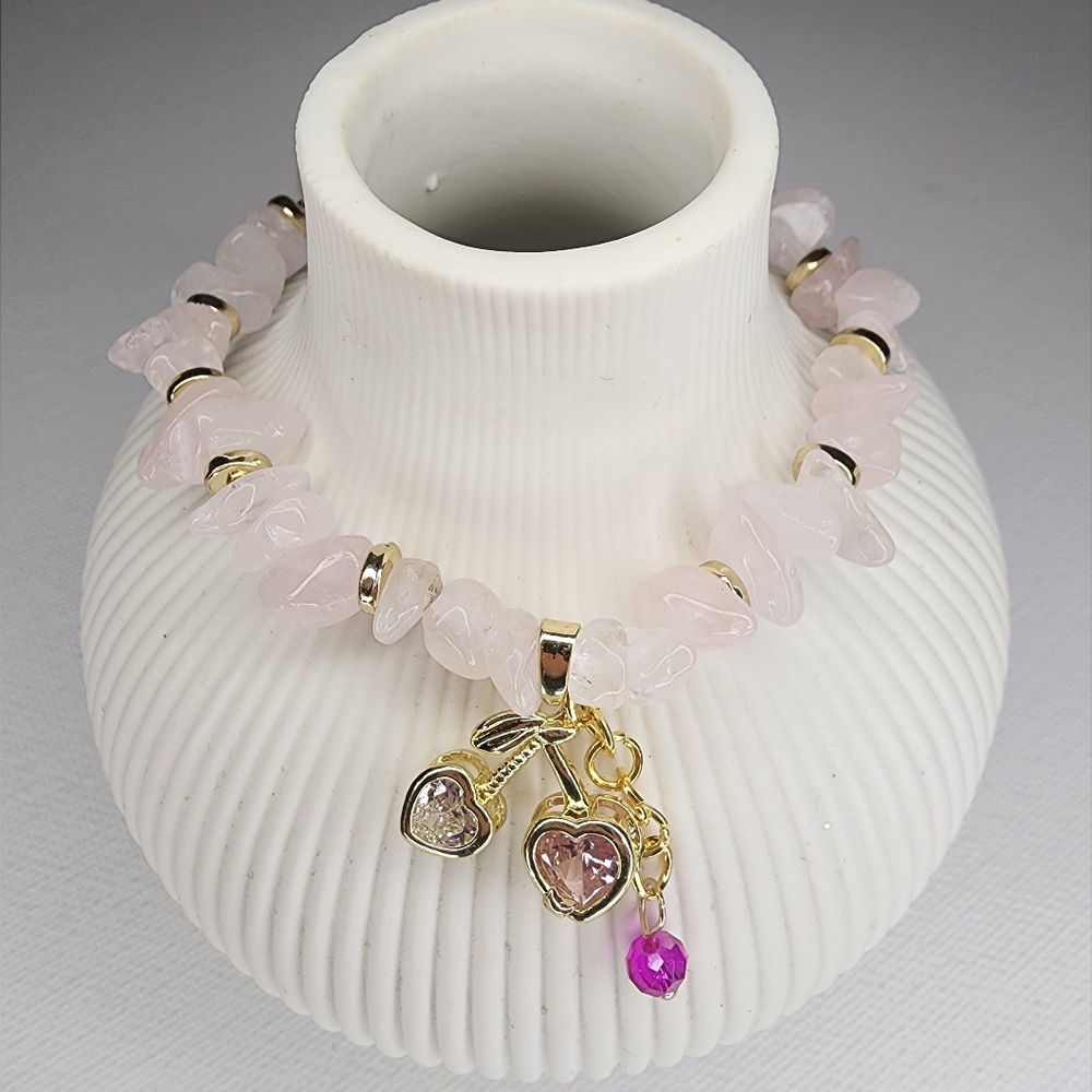 Rose Quartz Chip Bracelet w/ Gold Cherry Heart Charm